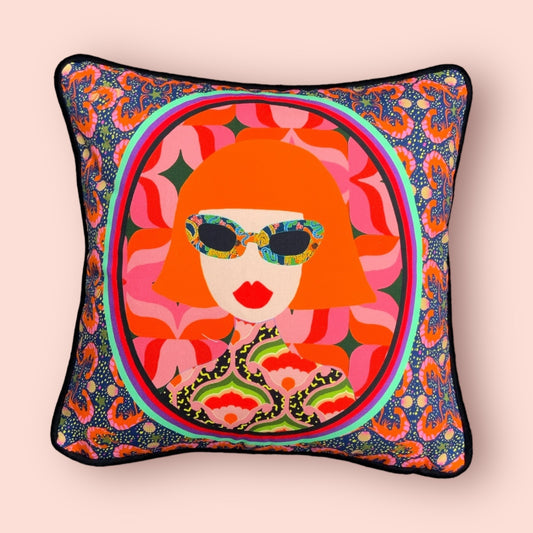Funky Lady Print Cushion - Pink