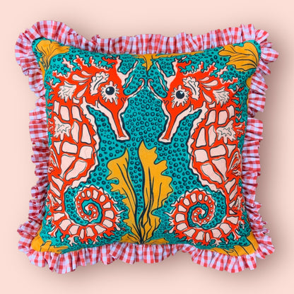 Teal Seahorse Ruffle Cushion