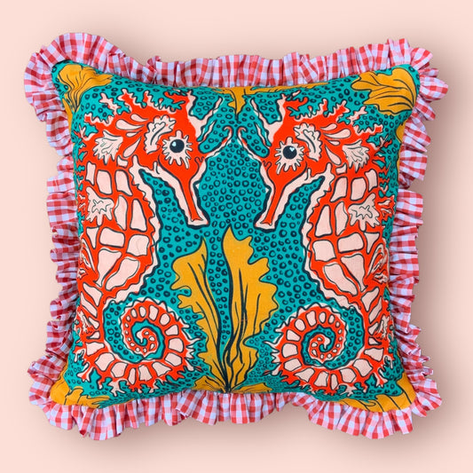 Teal Seahorse Ruffle Cushion